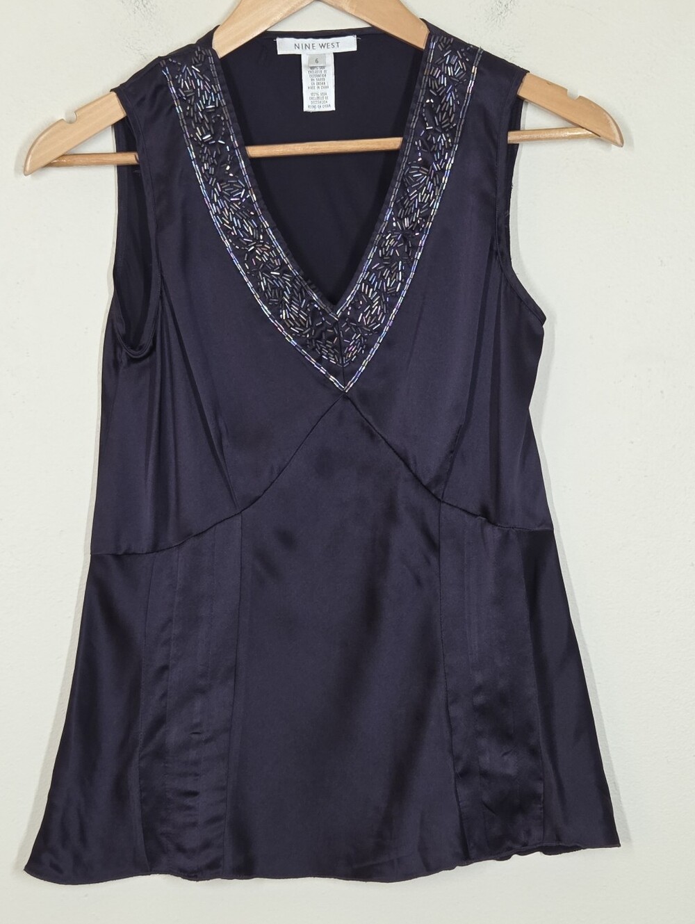 Vtg 90s Y2K Nine West Plum Purple Silk Satin Beaded Babydoll Tank 6 Fairy Tuscan